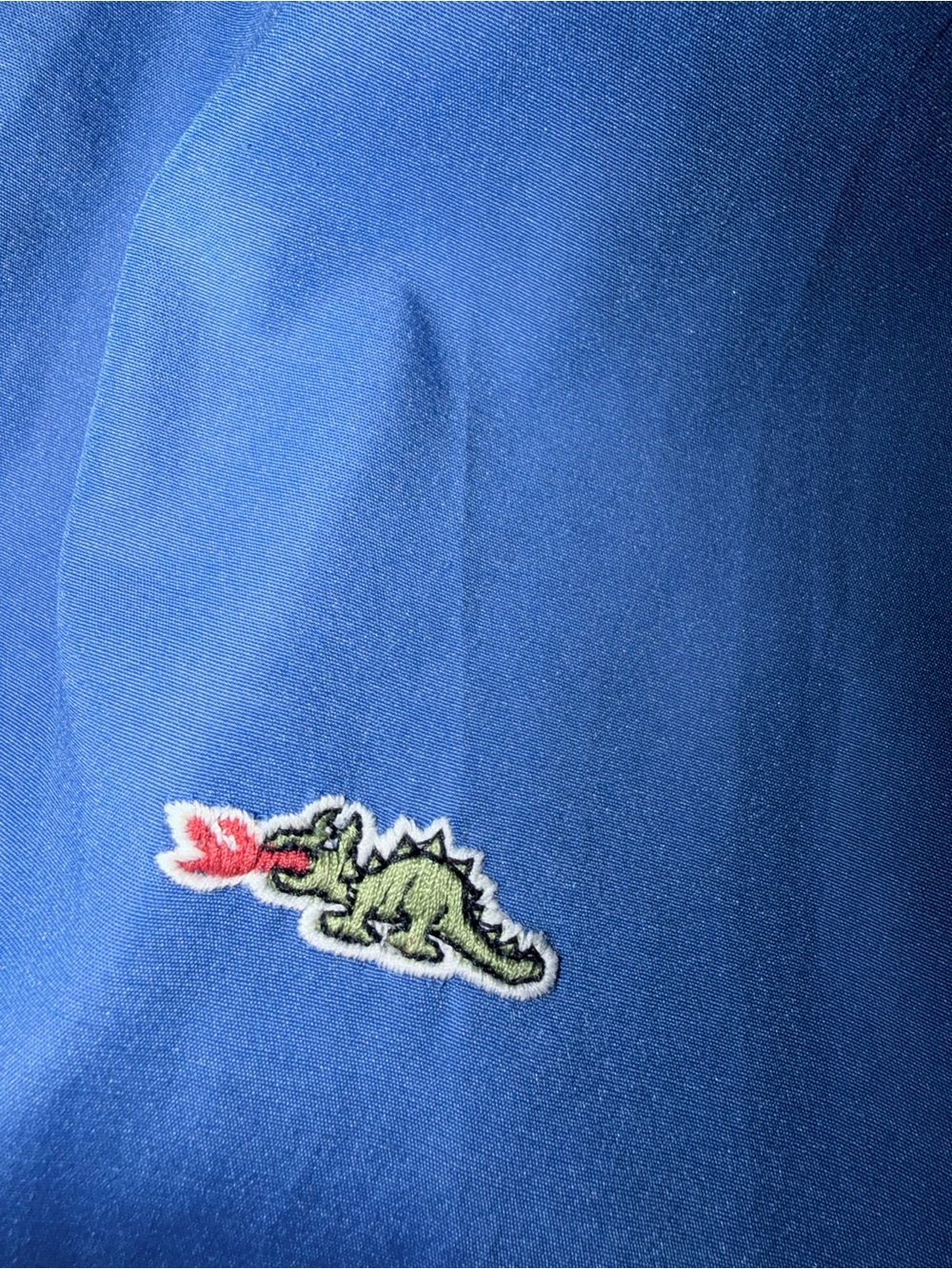 Vintage Blue Men's Jacket with Green & Red Embroidered Dinosaur Patch